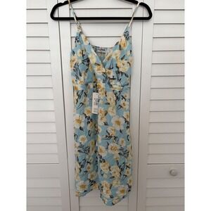 Yuna Blue Floral Print V Neck Sleeveless‎ Midi Dress